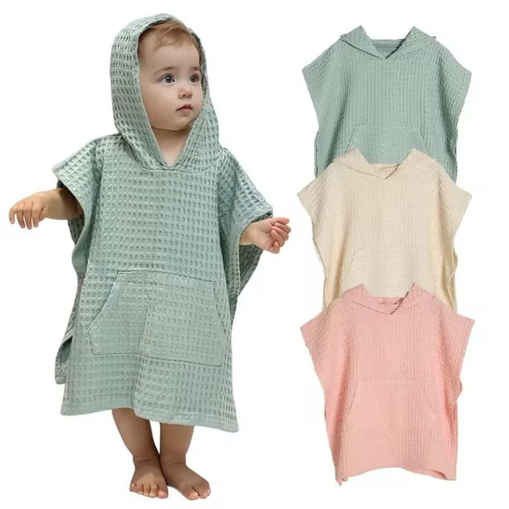 Organic Cotton Waffle Kids Poncho Hooded Towel: Pool, Beach, Bathroom GREEN